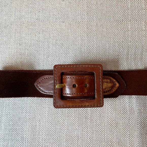 Vintage Suede Leather Brown Belt With Square Leather Buckle